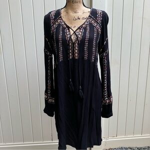Knox Rose black boho tunic mini dress embroidered Medium